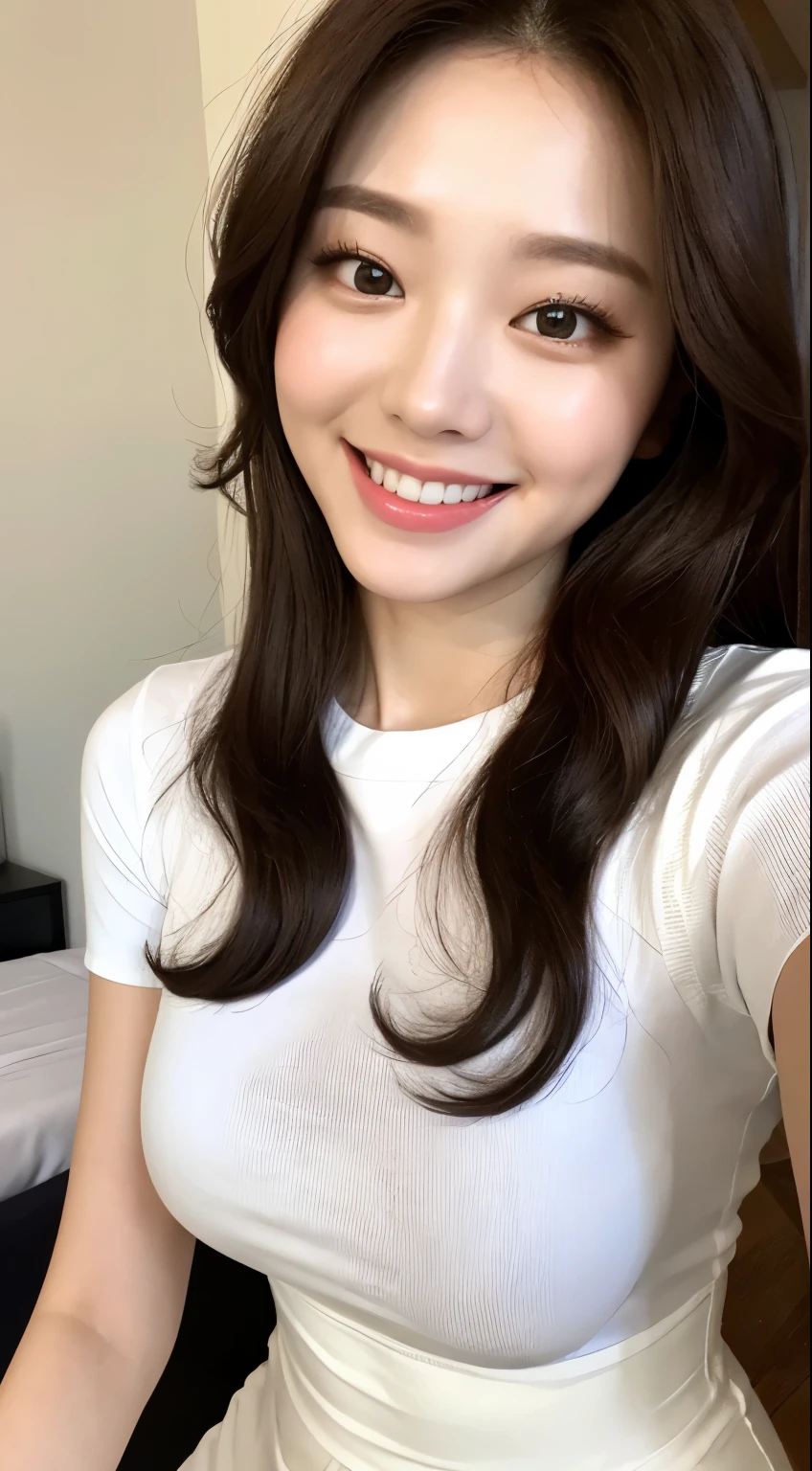 White tight shirt、White tight mini skirt、bed、smile、Short sleeve、high resolution、Korean idol face、double eyelid、White teeth