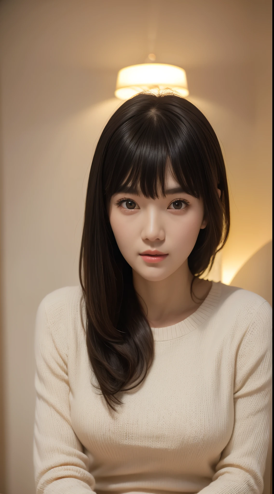 ((​masterpiece:1.4、top-quality))、(photographrealistic:1.4)、profetional lighting、physically-based renderingt,Cowboy Shot,Medium Hair、layers-Cut、A dark-haired、extra detailed face、Detailed skin、(Beautiful japanese girl:1.05)、thin bunches of bangs、knit、White Room、white walls、Bright lighting