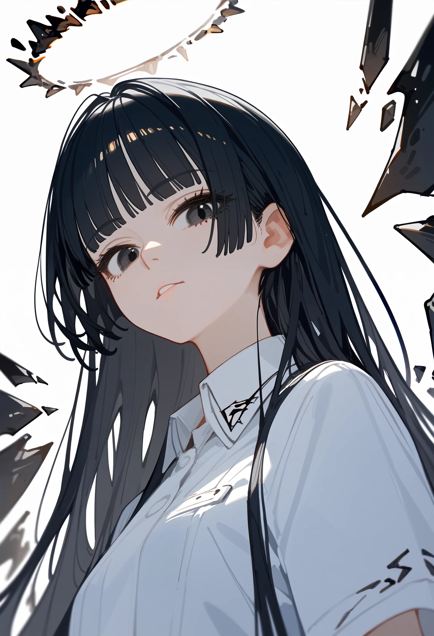 (score_9, score_8_up, score_7_up), 1girl, black hair, blunt bangs, long hair, broken halo, black eyes, mole below left eye, alternative clothes, white shirt, collared shirt, energy wings, looking at viewer, from below, close-up, menacing, calm, portrait, white background,