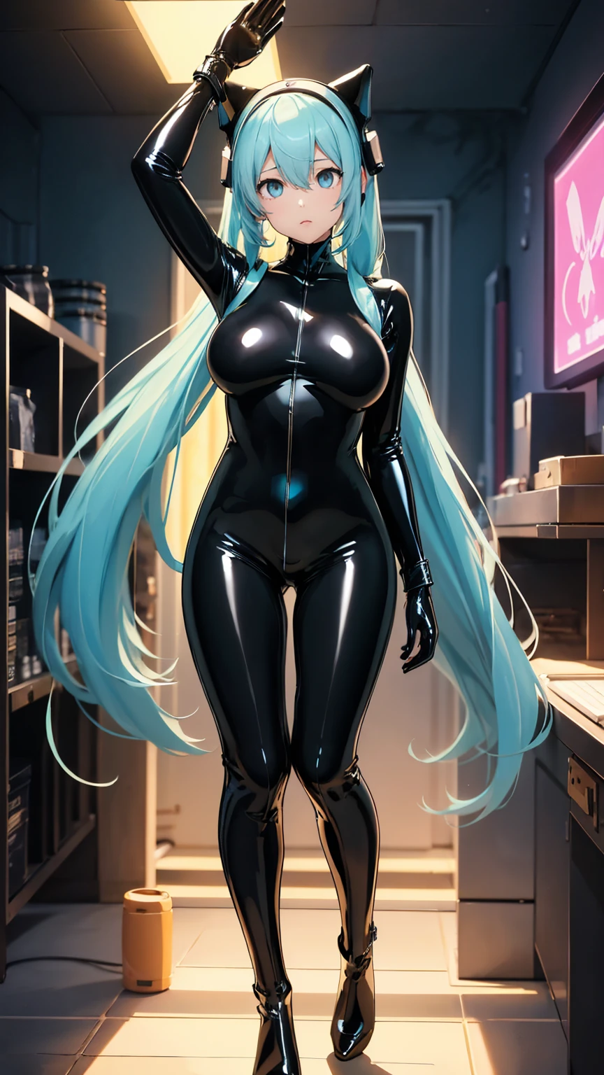 {1 Girl}, {{{{Tabletop++, super masterpiece+, 超A high resolution, (Realistic:1.4)Cowboy Shot, Hatsune Miku、Vocaloid、Twin tails、Light blue eyes、Light blue hair、((Black latex full body suit:1.5))、(The shape of the genitals is clearly visible), One Girl, Brainwashed}}}}, cyber punk、Toned body、Beautiful Eyes、Big Breasts、Expressionless、Big Breasts、Research Room, Room of Darkness, (Neon Light:1.2), (night:1.5), (stand up and salute), 8K CG、highest quality、