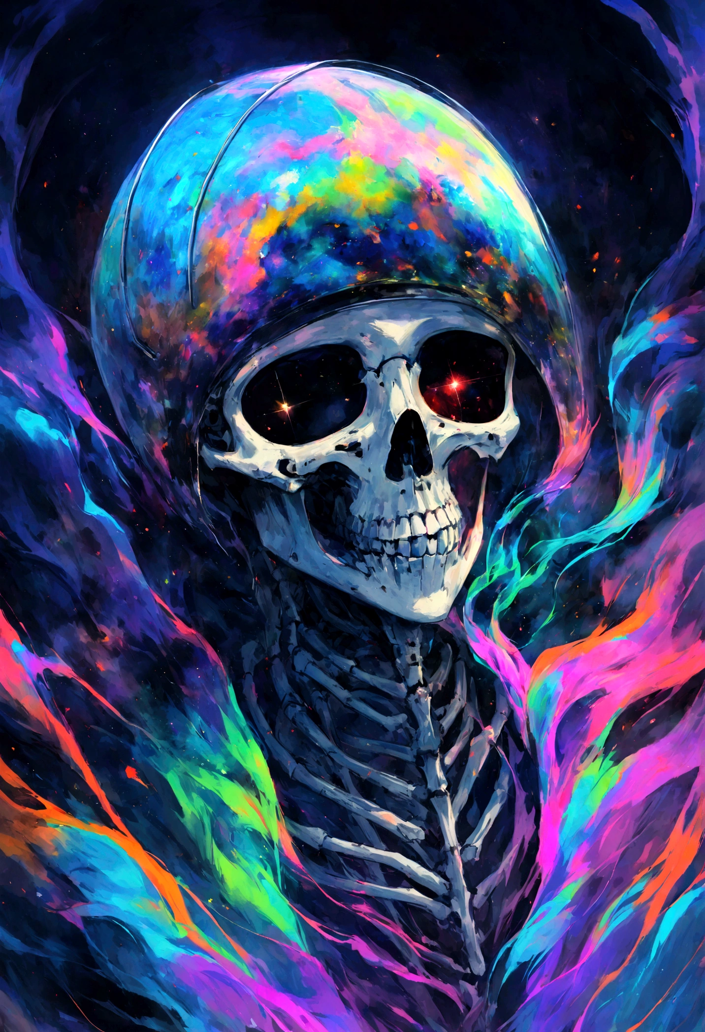 In the ethereal expanse of cosmic dust and vibrant hues, A lifeless astronaut drifts quietly in the void of space. The eerie sight of the skeleton face trapped in the helmet makes your spine shiver. Eerie stillness juxtaposes with vivid colors，Created a haunting depiction of the demise of the universe.