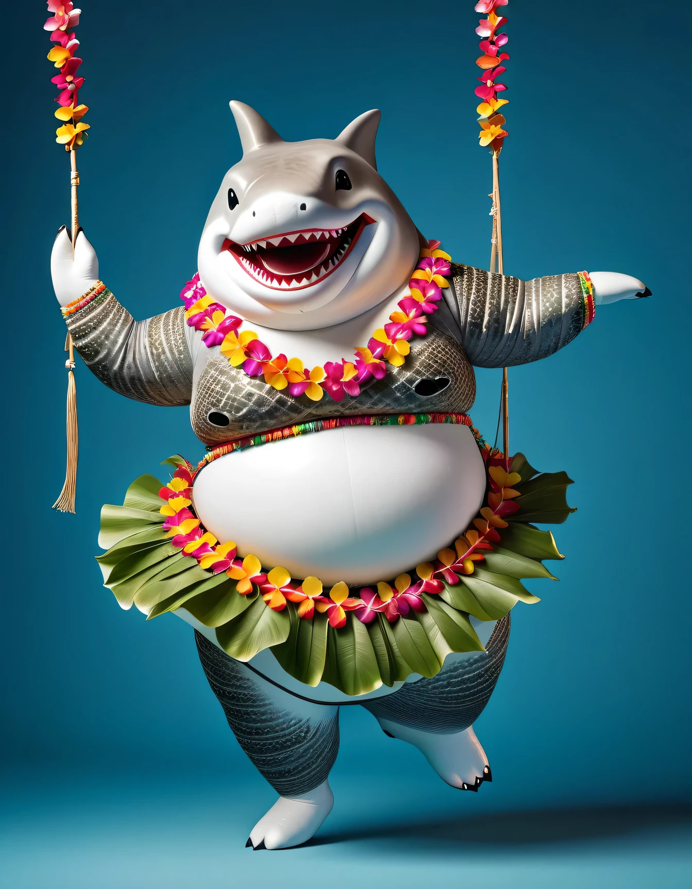 photorealistic portrait of Dressed animals - a ((fat))shark hula dancer,(hula dancing:2.0), (swinging arms :2.0),(happy smile:1.2),high quality,(happy),(lovely) ,intricate details, (furry), highly detailed (( hula dance costume)) ,highly detailed decorations, wearing (bikini) and flower lei , (happy), studio lighting,(full body image:1.5),simple background,(viewed from side:2.0),