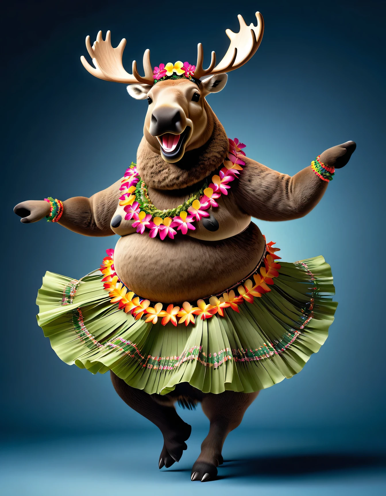 photorealistic portrait of Dressed animals - a ((fat)) moose hula dancer,(hula dancing:2.0), (swinging arms :2.0),(happy smile:1.2),high quality,(happy),(lovely) ,intricate details, (furry), highly detailed (( hula dance costume)) ,highly detailed decorations, wearing (bikini) and flower lei , (happy), studio lighting,(full body image:1.5),simple background,(viewed from side:2.0),