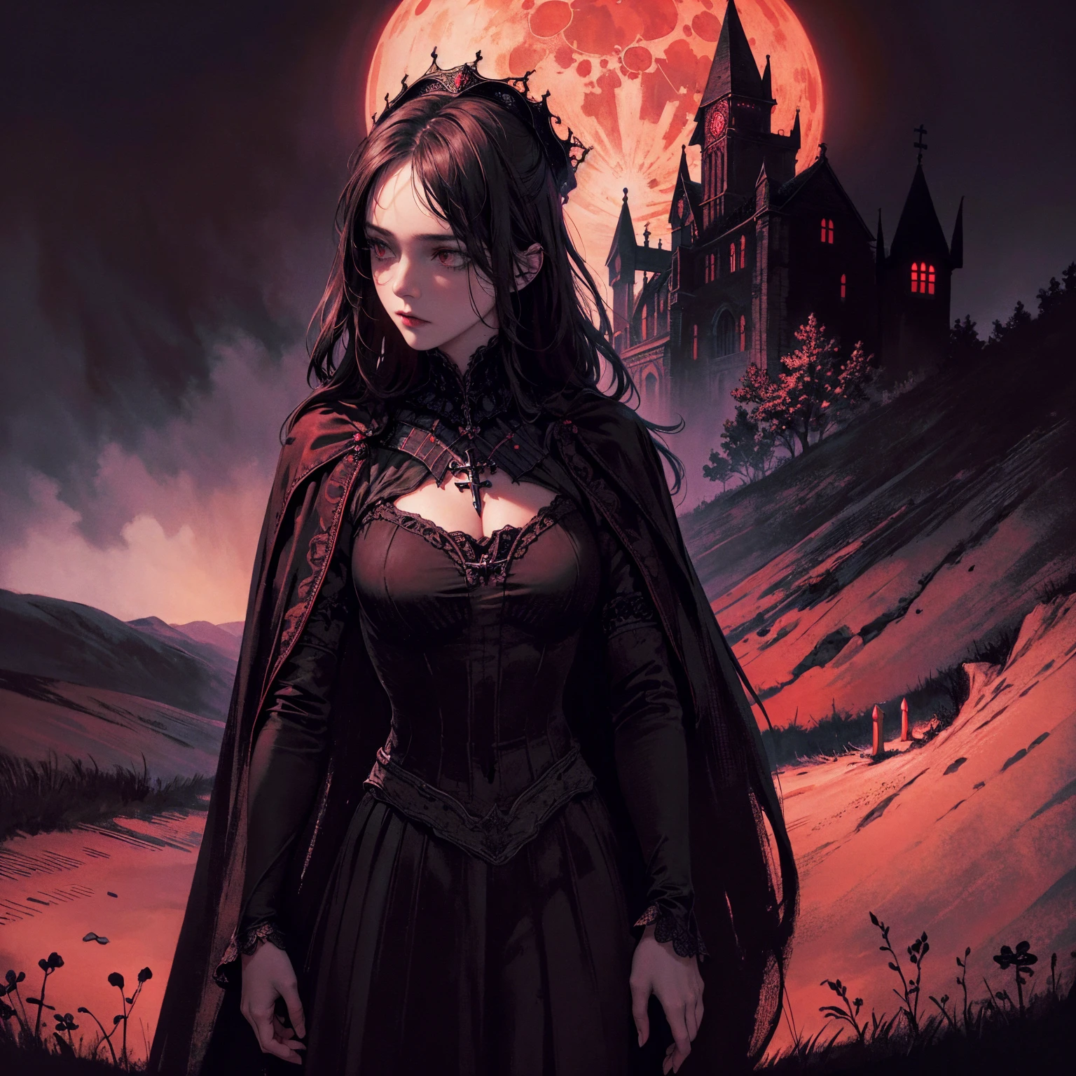 best quality, 4k, high resolution, masterpiece:1.2, Very detailed, actual:1.37, Mood lighting, girl, Crucified, Pitch black sky, Red Moonlight, strange atmosphere, Gothic style, Unforgettable beauty, Dramatic shadows, Ethereal Light, Mysterious atmosphere.