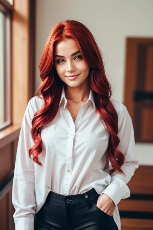 Beautiful girl with a beautiful toned and detailed body with red hair, dressed in shirt and pants and a sexy smile.