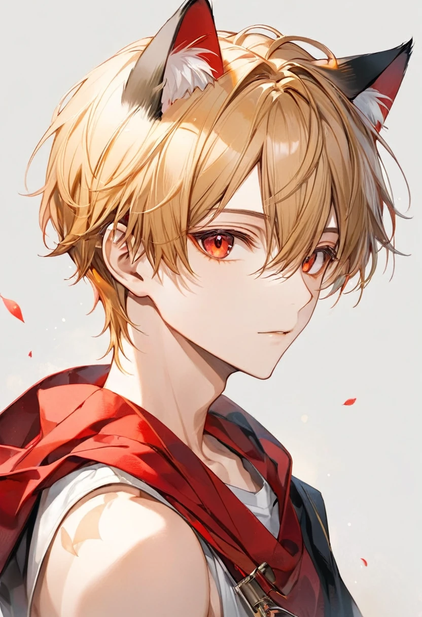 Top quality, masterpiece, high resolution, 1 boy, male, slender, solo, upper body, cat ears, short golden hair, red eyes, about 15 years old, tattoo