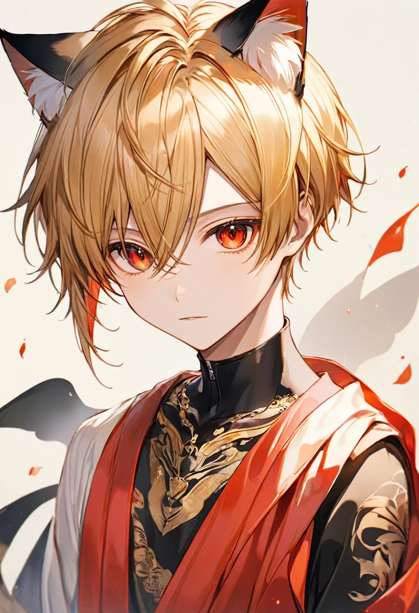 Top quality, masterpiece, high resolution, 1 boy, male, slender, solo, upper body, cat ears, short golden hair, red eyes, about 15 years old, tattoo