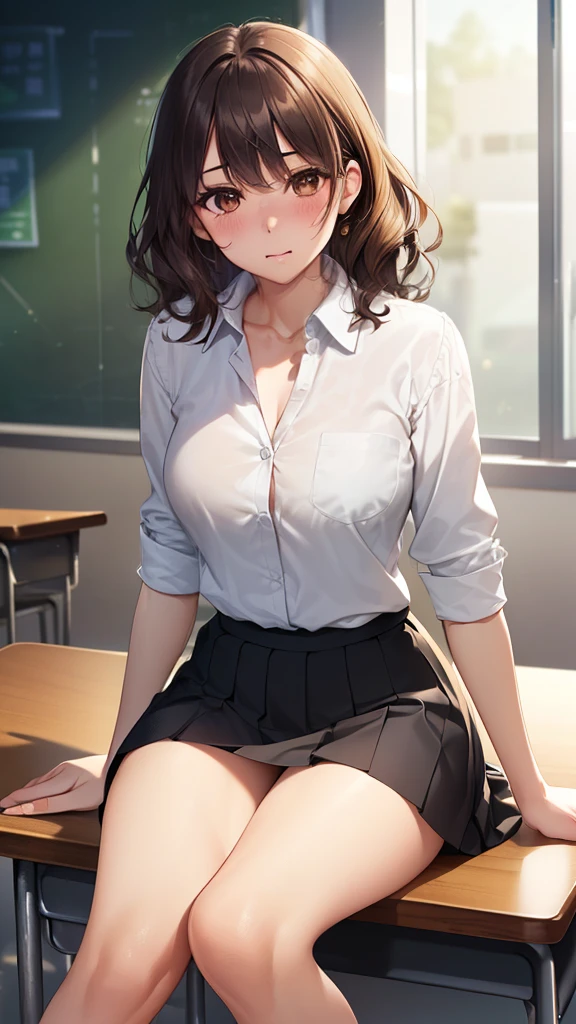 ((Tabletop, highest quality, High resolution, Hmph, Pixel perfect, 4K, Hmph, Hmph))), One Girl, single, alone, Beauty、The whole body is visible、 ((Short Wavy Hair, bangs, Brown Hair)), ((Brown eyes, Beautiful eyelashes, Realistic eyes)), ((Detailed face, Blushing:1.2)), ((Smooth texture:0.75, Realistic texture:0.65, Realistic:1.1, Anime CG Style)), Medium chest, Dynamic Angle, Perfect body, ((school uniform,  White shirt, Black Skirt, Unbuttoned shirt、Checked skirt、I'm not wearing shoes、White Sox)), An empty classroom、Sit at a desk、Lower&#39;I took my feet off the desk...............................、evening、、、Very embarrassing panic smile、(Lift up your skirt with your right hand、Spread your legs、Knees wide open、Light blue and yellow floral lace panties)、、(Cute floral bra)、Angle from below