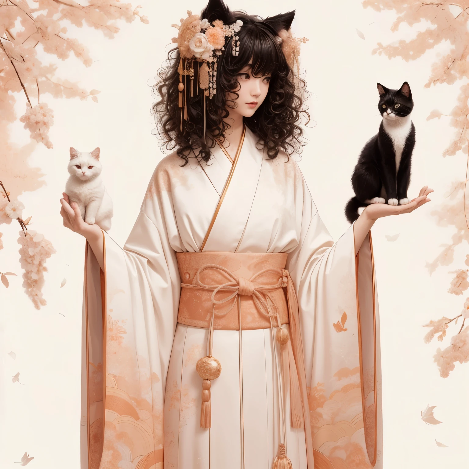 Tall Japanese girl curly hair in all white kimono, with hints of peach, black cat ears, small black and white cat, full body shot, white background, 8k resolution, in the style of da vinci,golden kimono,