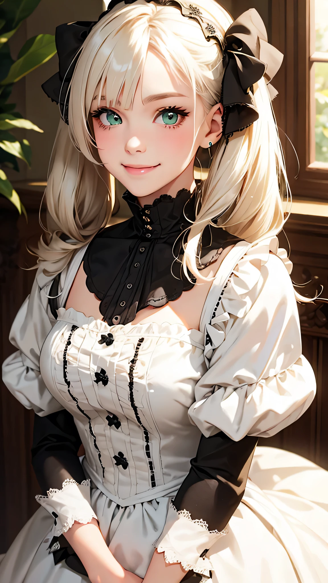 highest quality、Realistic、Women、zoom、cute、Full make-up、Platinum Blonde Hair、Green Eyes、Twin tails、Gothic ta、smile、Looking down、smile、Bust Shot、　