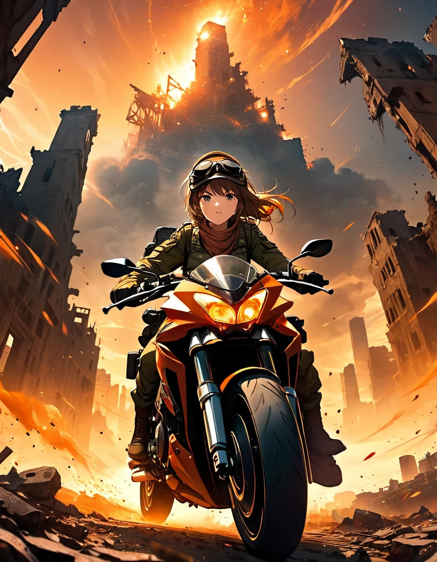 A female soldier riding a motorcycle, Ruined city, battlefield, ruins, Smoke, Orange sky, dust, radiation, Starry Sky, from below, Wide-angle lens, movie lighting, Vague, Ultra wide angle, best quality, 8K