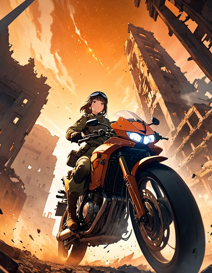 A female soldier riding a motorcycle, Ruined city, battlefield, ruins, Smoke, Orange sky, dust, radiation, Starry Sky, from below, Wide-angle lens, movie lighting, Vague, Ultra wide angle, best quality, 8K