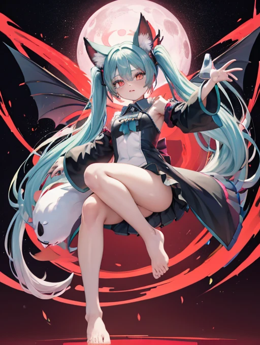 Miku Hatsune, alta definicion, orejas de kitsune, alta definicion, fullbody picture alta definicion, flaming eyes, evil eyes, devil girl, risa demoniaca, ojos de maldad, dragon wings, sucubo, shes atack de camera, sensual back pose, 