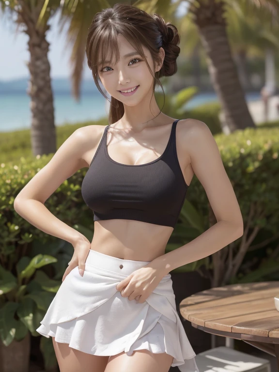 (highest quality),8k,(masterpiece:1.3),(1 girl:1.3),Perfect figureの美しい女性:1.4, (Layered Hairstyles, Small breasts:1.4), ((Displaying the viewer)), (大きなsmile:1.2)，Realistic,High resolution,Highly detailed face and skin texture, Realistic faces, Original photo, ((Beautiful Face:1.5)) ,Cute Korean Girl, K-Pop Idols，Perfect figure,Whitening the skin, Shiny skin, ((Tight waist:1.2)), (Small Ass), (Very slim muscular body:1.24), ((Highly detailed face)),Attention to detail,double eyelid,Eyeshadow Enhancement,Attention to detail,(Sharpen your focus),  (( Light-colored clothing)),((Brightly colored cropped tank top ，Short mini skirt)),((panties)), ((Exposing thighs)), (erotic:1.3), (((A short skirt that hugs the hips)))，Nature background、smile、