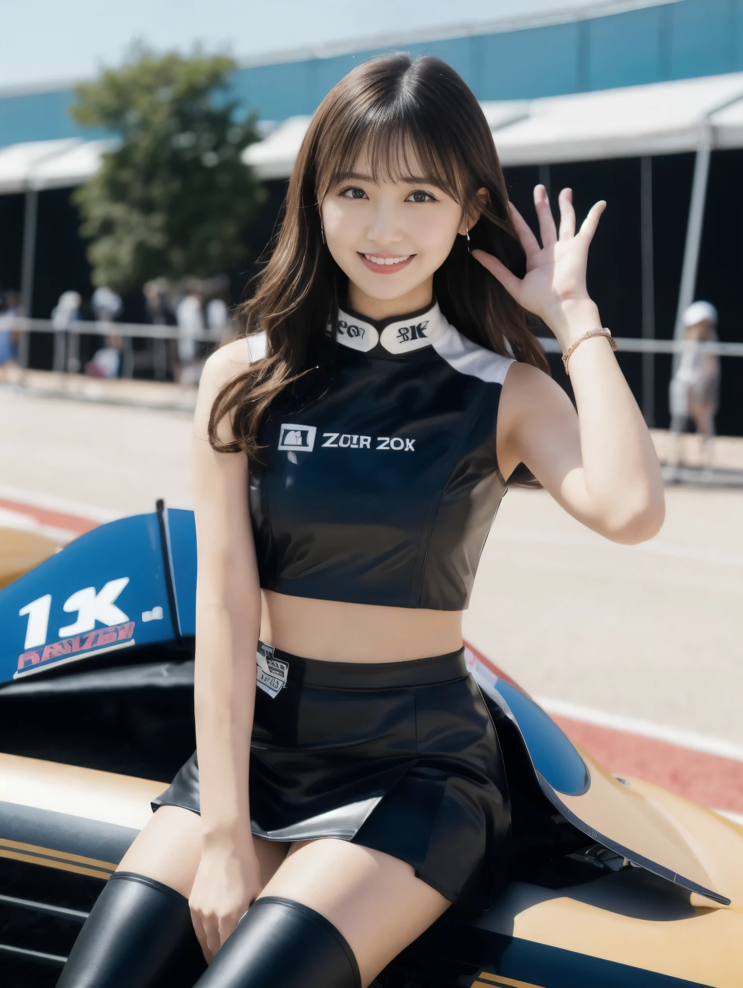 1 girl:1.3),Zent,Black mini skirt,alone,Long Hair,(whole body:1.5),Black Hair,abdomen,smile,Realistic,(Black long boots),Crop top,Are standing,Beautiful Japanese Girl,(Race Queen),wave hands,thin,Detailed aspect,Beautiful Hair,Beautiful Skin,smile,Beautiful person (woman),(dynamic_angle:1.2),Depth of written boundary,, (8k, RAW Photos, highest quality, masterpiece:1.2), (Realistic, photo-Realistic:1.37),Ultra-high resolution, Super detailed, Super detailed, Detailed skin, Sharp focus,(Beige pantyhose)、(黒のRace Queenのエナメルコスチューム)、At a Japanese circuit、Large crowd、Cool sports car、
Waiting to start