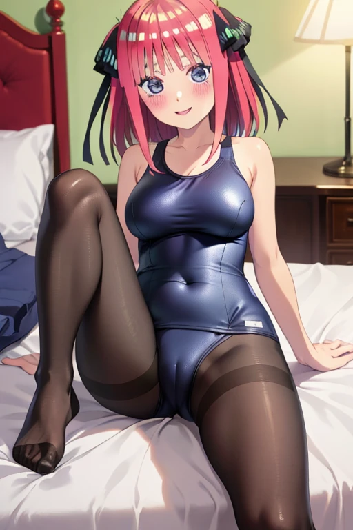 masterpiece, best quality, insanely detailed, beautiful, nino nakano, one-piece swimsuit, breasts, pantyhose, blush, smile, bed room, legs spread
