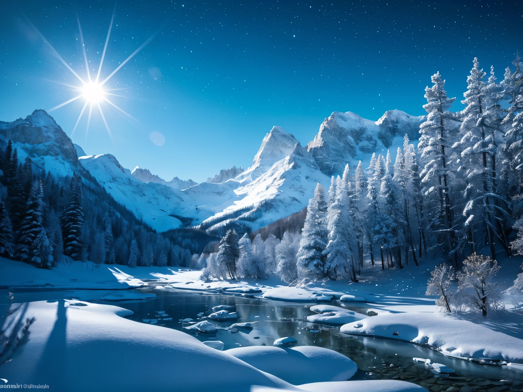 In the tranquil winter wilderness of a mountainous region, moonlight casts an icy glow on the snow-covered landscape, painting it in cool blue tones. A lone wolf, noble and majestic, stands amidst the stillness, its silver-tinged fur blending with the wintry backdrop. The image, likely a skillfully composed photograph, captures the elegant beauty of the scene with exquisite detail and clarity. Each snowflake glistens like a diamond, enhancing the overall ethereal and pristine atmosphere of the moment.