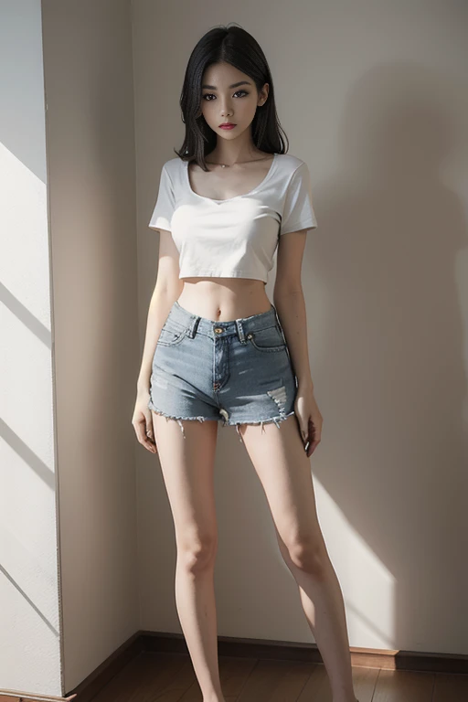 Girl in white bra and tight denim skirt posing for photo, full body, with cropped T-shirt, bra, slim body, big boobs, slim girl model, 24-year-old female model, asian girl.