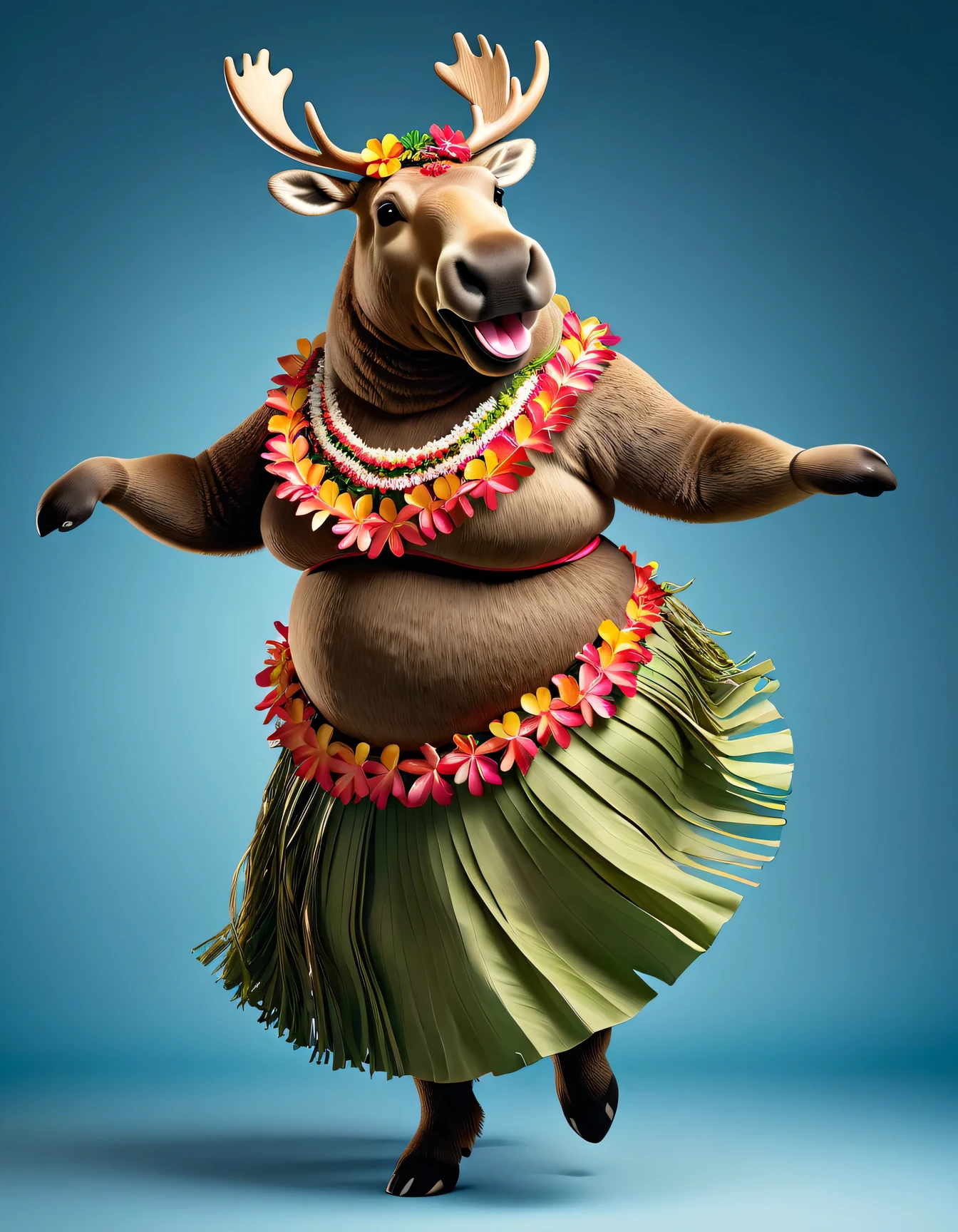 photorealistic portrait of Dressed animals - a ((fat)) moose hula dancer,(hula dancing:2.0), (swinging arms :2.0),(happy smile:1.2),high quality,(happy),(lovely) ,intricate details, (furry), highly detailed ((female hula dancer's costume)) ,highly detailed decorations, wearing (bikini) and flower lei , (happy), studio lighting,(full body image:1.5),simple background,(viewed from side:2.0),