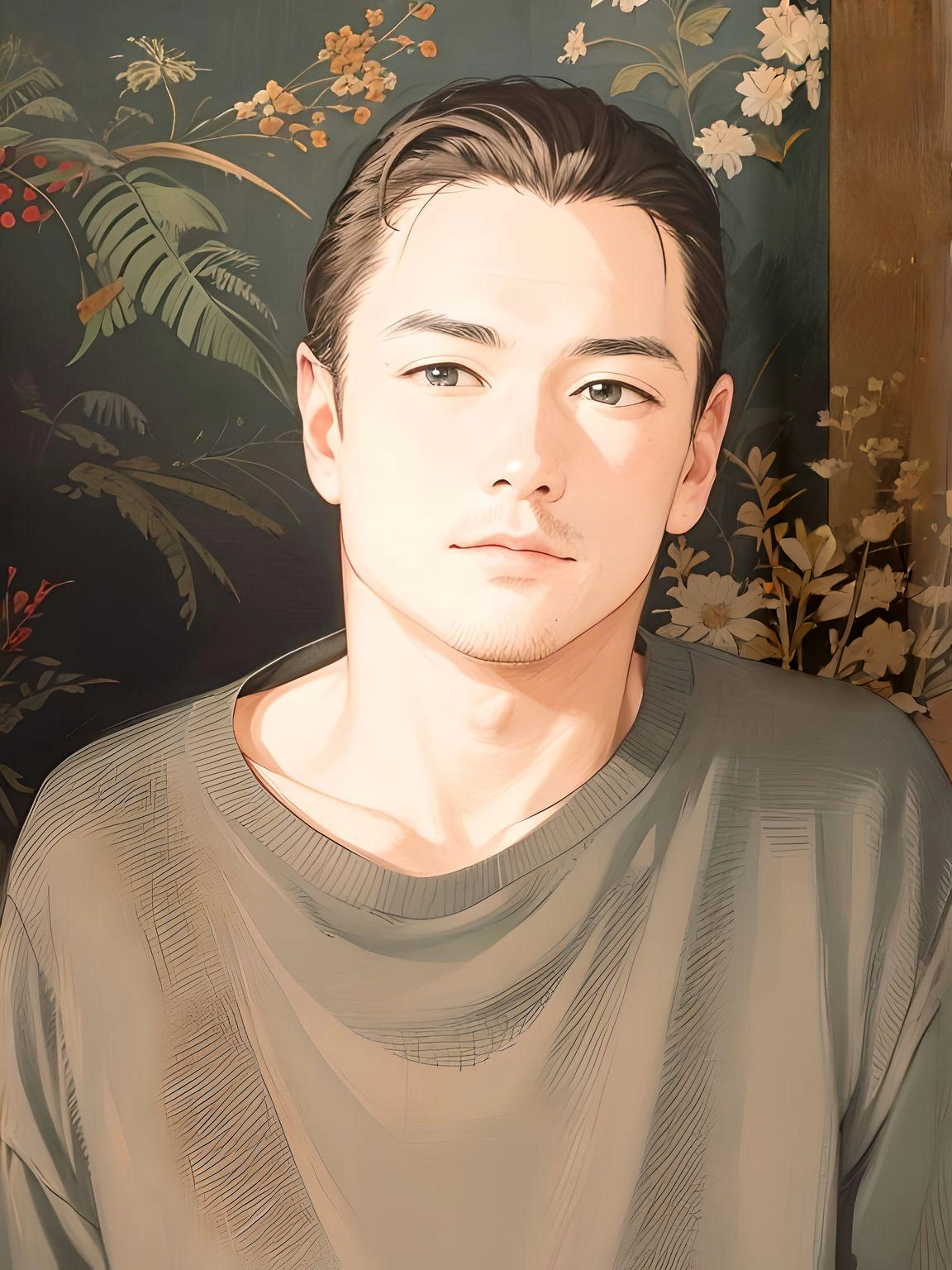 A man is sitting, behind him there is a wall with flowers, bowwater style, handsome guy in demon slayer art, portrait высокого качества, Аниме portrait красивого мужчины, цифровая иллюстрация portraitа, phil noto and james jean, Rob Ray and Kentaro in Miura style, Martin, then a work of art, portrait, лофи portrait, нфт-portrait