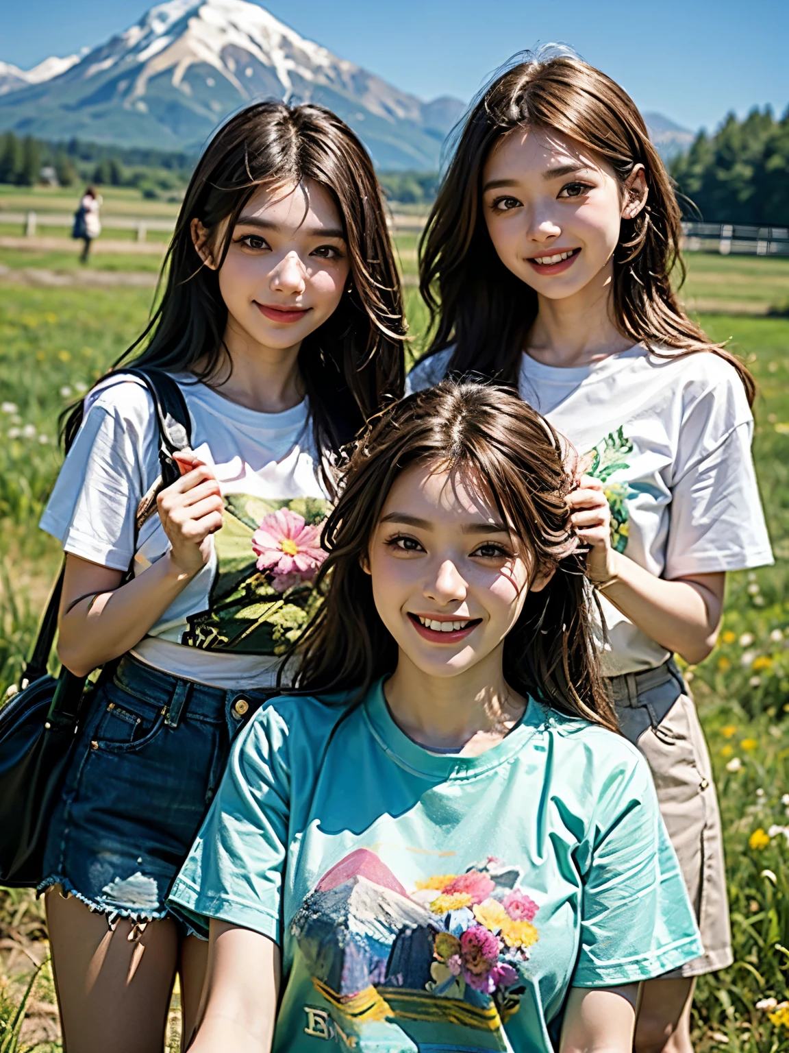 2 Girls, Ideally , T-Shirts, Grass mountain flower background, cute、smile