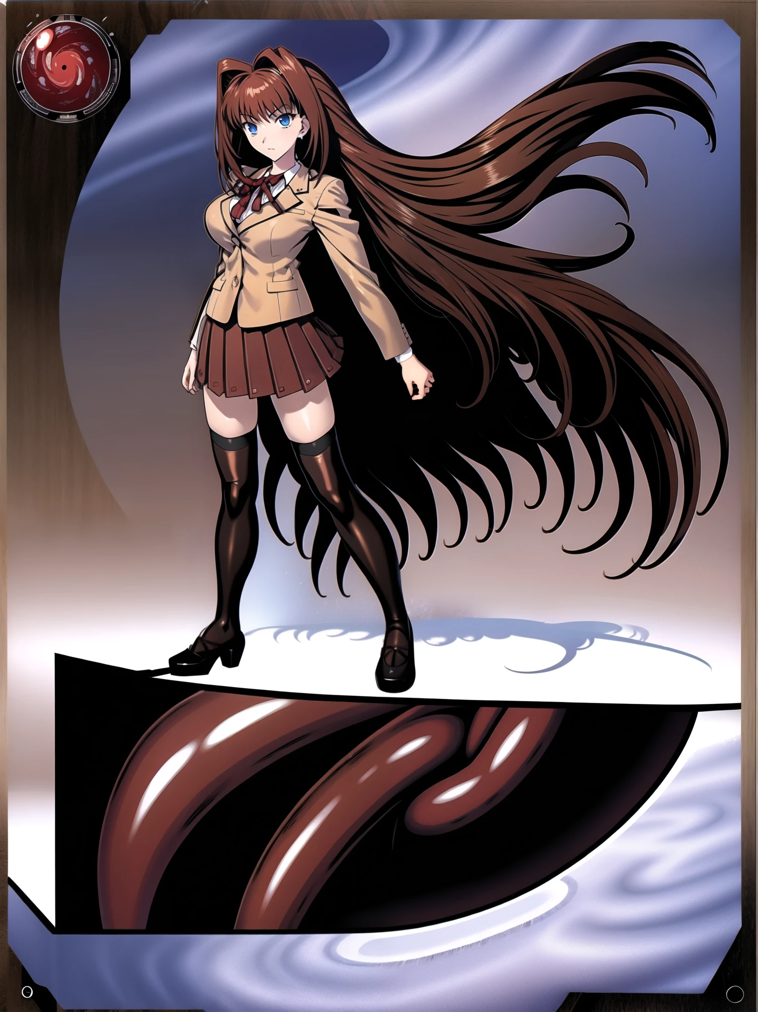 BREAK, centered. BREAK, (EMPTY BACKGROUND), BREAK, (masterpiece), best quality, high resolution, 8k, illustration, (beautiful detailed eyes:1.5), extremely detailed face, extremely detailed body, CG, perfect hands, perfect anatomy, (((1girl))), ((solo)), (((bbaoko))), ((2 legs max)), ((2 feet max:1.6)), ((swirling vortex shaped longest brown hair:1.5)), (brown longest hair with slightly reddish undertone:1.6), (lush luscious longest brown hair:1.6), (very long voluminous longest brown hair:1.5), serious, blue eyes, red bowtie, (Form-fitting beige blazer:1.5), brown jacket, (highly detailed beautiful face:1.2), (white shirt:1), (well shaped large breasts:1.6), (nice hips:1), (((Umber pleated thigh-high skirt:1.6))), (((black bike shorts:1.4))), (toned thighs:1.6), (jetblack thighhighs:1.6), (strap shoes brown color), (facing front:1.5), ((standing straight:1.5)), ((Fullbody in frame:1.6)), ((Full body:1.5)), ((takeuchi takashi:1.3))
