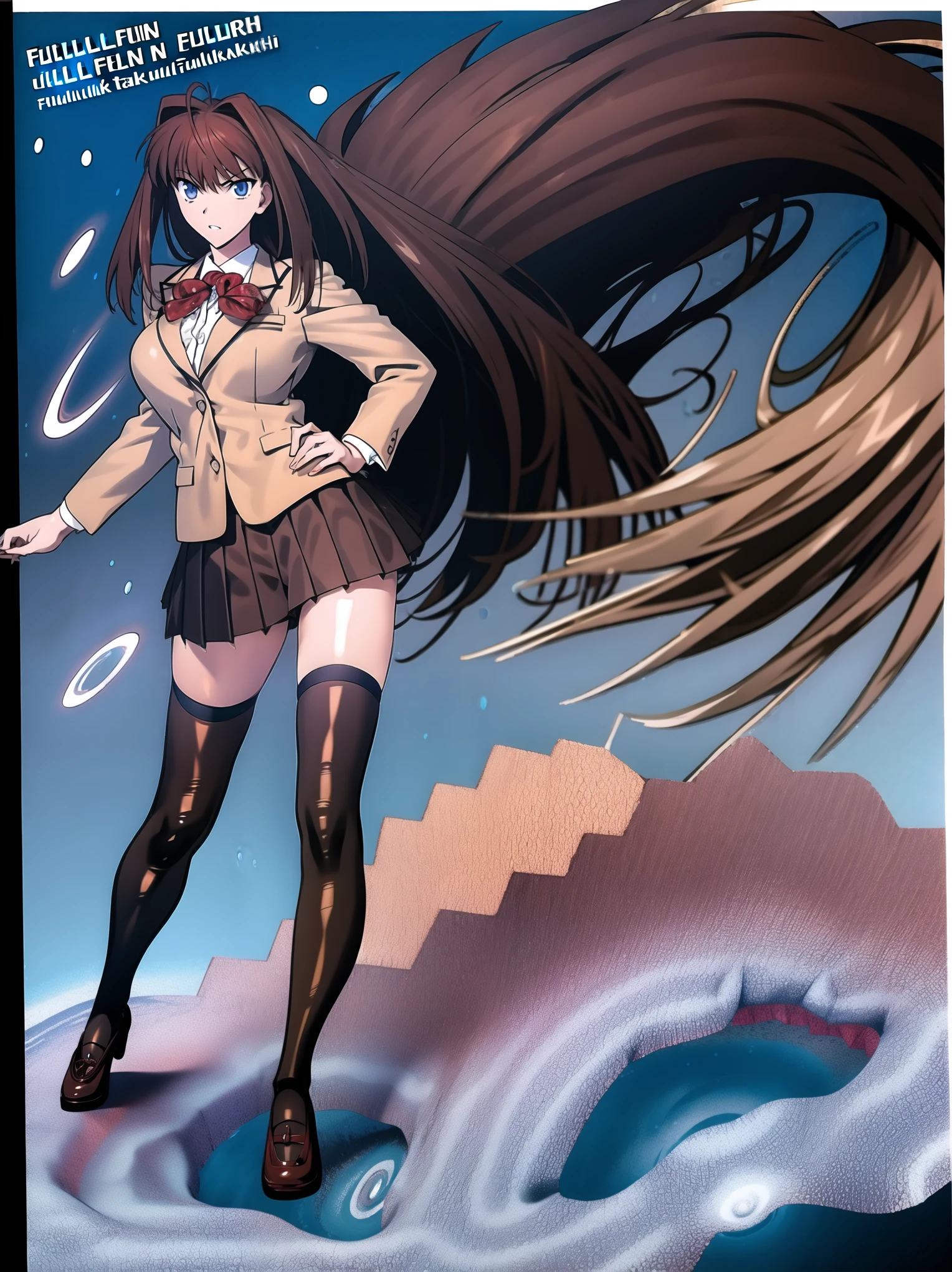 BREAK, centered. BREAK, (EMPTY BACKGROUND), BREAK, (masterpiece), best quality, high resolution, 8k, illustration, (beautiful detailed eyes:1.5), extremely detailed face, extremely detailed body, CG, perfect hands, perfect anatomy, (((1girl))), ((solo)), (((bbaoko))), ((2 legs max)), ((2 feet max:1.6)), ((swirling vortex shaped longest brown hair:1.5)), (brown longest hair with slightly reddish undertone:1.6), (lush luscious longest brown hair:1.6), (very long voluminous longest brown hair:1.5), serious, blue eyes, red bowtie, (Form-fitting beige blazer:1.5), brown jacket, (highly detailed beautiful face:1.2), (white shirt:1), (well shaped large breasts:1.6), (nice hips:1), (((Umber pleated thigh-high skirt:1.6))), (((black bike shorts:1.4))), (toned thighs:1.6), (jetblack thighhighs:1.6), (strap shoes brown color), (facing front:1.5), ((standing straight:1.5)), ((Fullbody in frame:1.6)), ((Full body:1.5)), ((takeuchi takashi:1.3))
