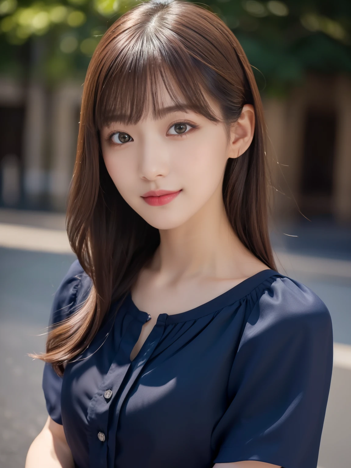 1 girl,(Wearing a dark navy blue short-sleeved camisole blouse:1.4),(RAW Photos, highest quality), (Realistic, Realistic:1.4), Tabletop, Very delicate and beautiful, Very detailed, 2k wallpaper, wonderful, In detail, Very detailedなCGユニティ8K壁紙, Very detailed, High resolution, Soft Light, Beautiful detailed girl, Very detailed目と顔, Beautiful and sophisticated nose, Beautiful and beautiful eyes, Dark pink lipstick, Normal chest, Cinema Lighting, Spring Green Park, Perfect Anatomy, Slender body, smile, Straight Long Hair, ((Randomly oriented body)), Face looking at camera, 28 years old,