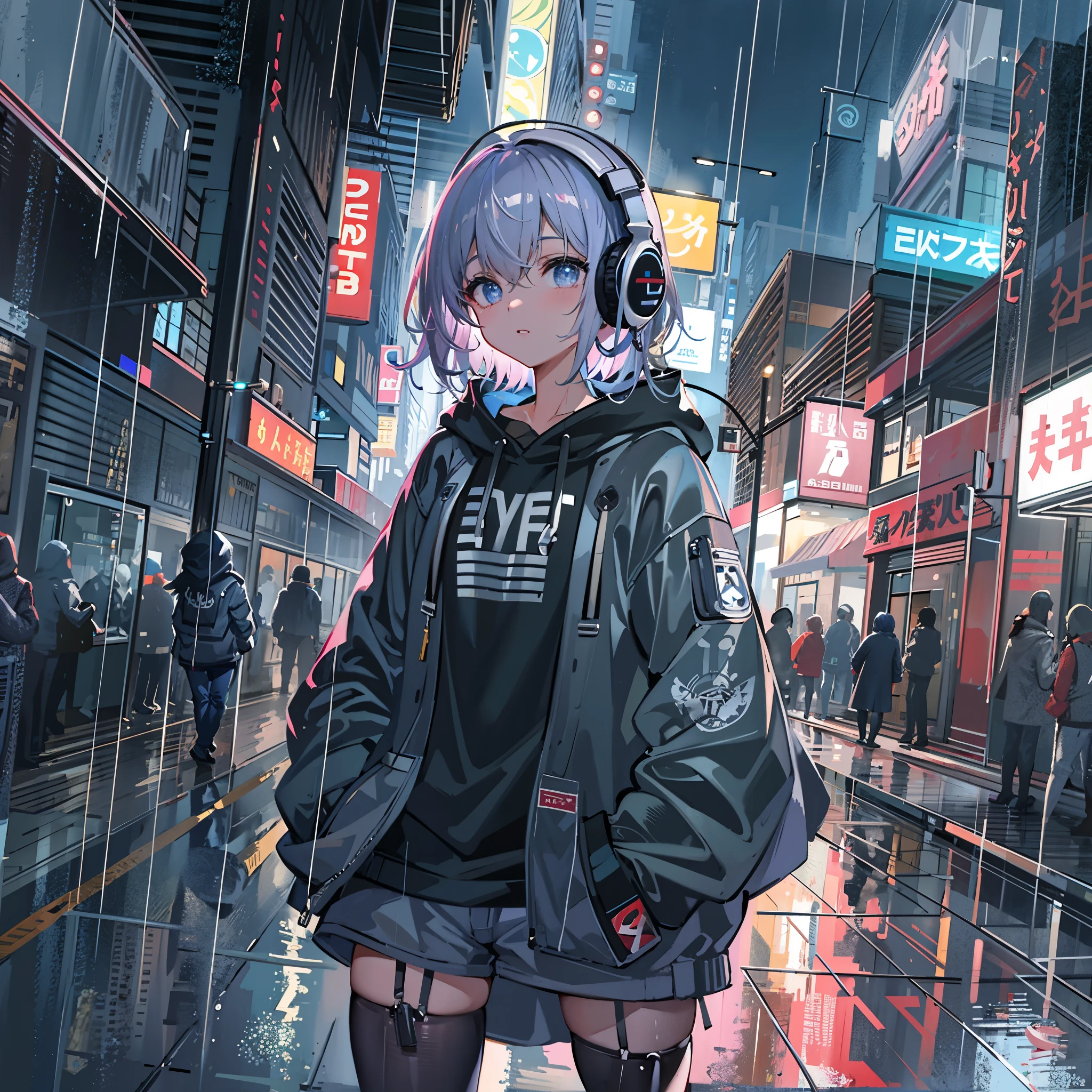 8K resolution、((highest quality))、((masterpiece))、((Ultra-detailed))、1 female、solo、Unbelievably absurd、Oversized hoodie、Headphones、street、Outdoor、rain、neon、Short Hair、Light-colored eyes、Put your hands in your pockets、Shorts、Water droplets fall