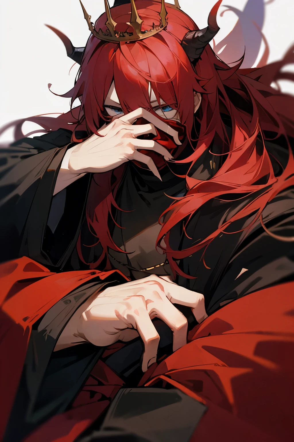 The male demon lord has a cloth covering his face. has a long red crown The coat is very long. Hands wearing many rings