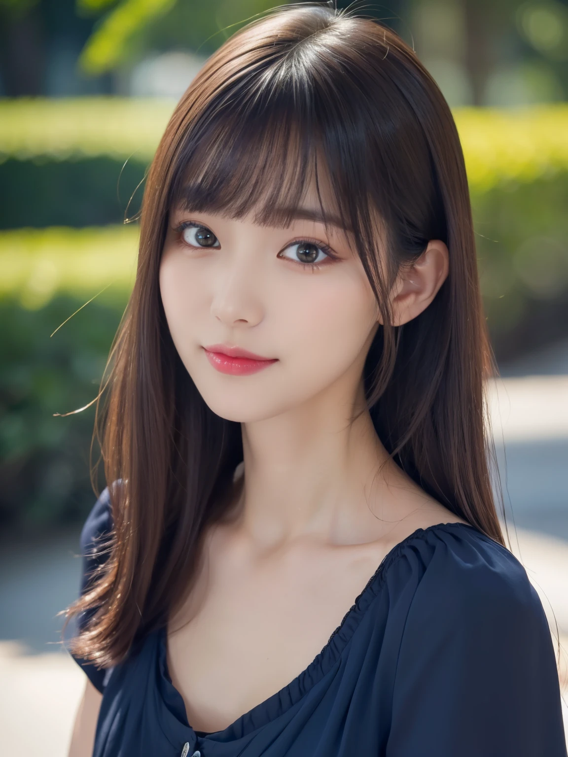 1 girl,(Wearing a dark navy blue short-sleeved camisole blouse:1.4),(RAW Photos, highest quality), (Realistic, Realistic:1.4), Tabletop, Very delicate and beautiful, Very detailed, 2k wallpaper, wonderful, In detail, Very detailedなCGユニティ8K壁紙, Very detailed, High resolution, Soft Light, Beautiful detailed girl, Very detailed目と顔, Beautiful and sophisticated nose, Beautiful and beautiful eyes, Dark pink lipstick, Normal chest, Cinema Lighting, Spring Green Park, Perfect Anatomy, Slender body, smile, Straight Long Hair, ((Randomly oriented body)), Face looking at camera, 28 years old,