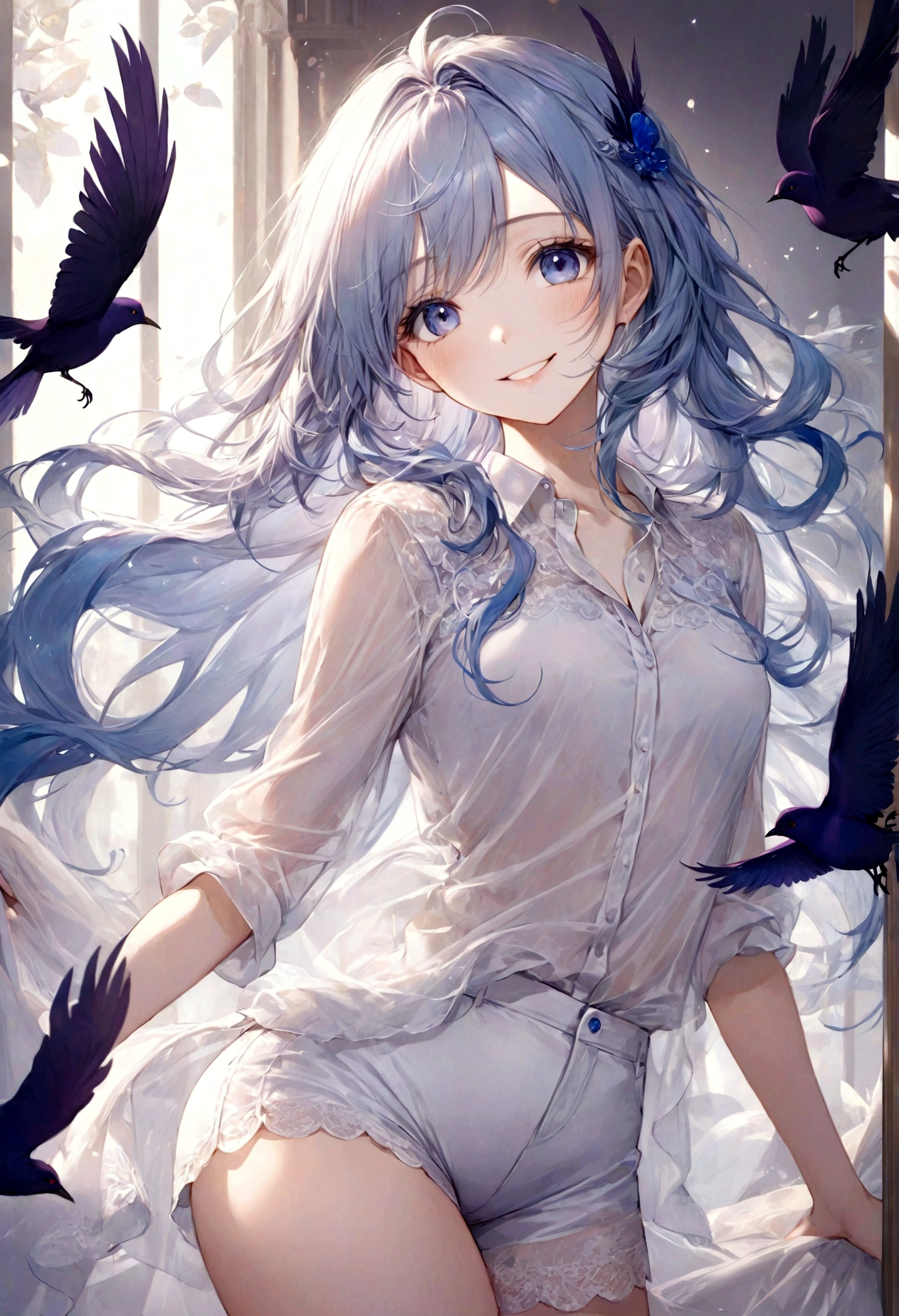 ((top-quality)), ((masterpiece)), ((ultra-detailliert)), (extremely delicate and beautiful), dark purple bird, bird is round, beautiful woman, bright light blue hair, long wavy hair, sapphire blue eyes, wearing sheer white shirt, wearing sheer white shorts, graceful smile, sweet smile, relaxed expression, fair complexion, feathers in the background