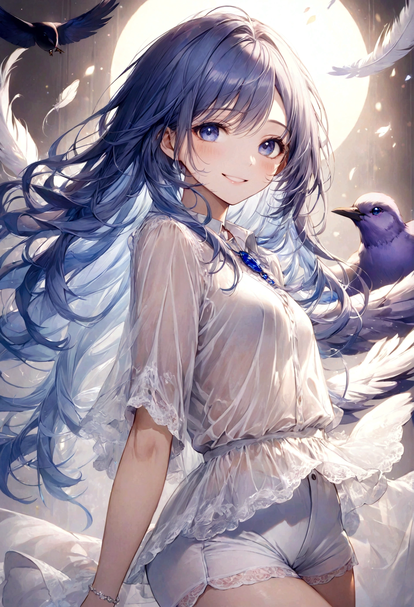 ((top-quality)), ((masterpiece)), ((ultra-detailliert)), (extremely delicate and beautiful), dark purple bird, bird is round, beautiful woman, bright light blue hair, long wavy hair, sapphire blue eyes, wearing sheer white shirt, wearing sheer white shorts, graceful smile, sweet smile, relaxed expression, fair complexion, feathers in the background