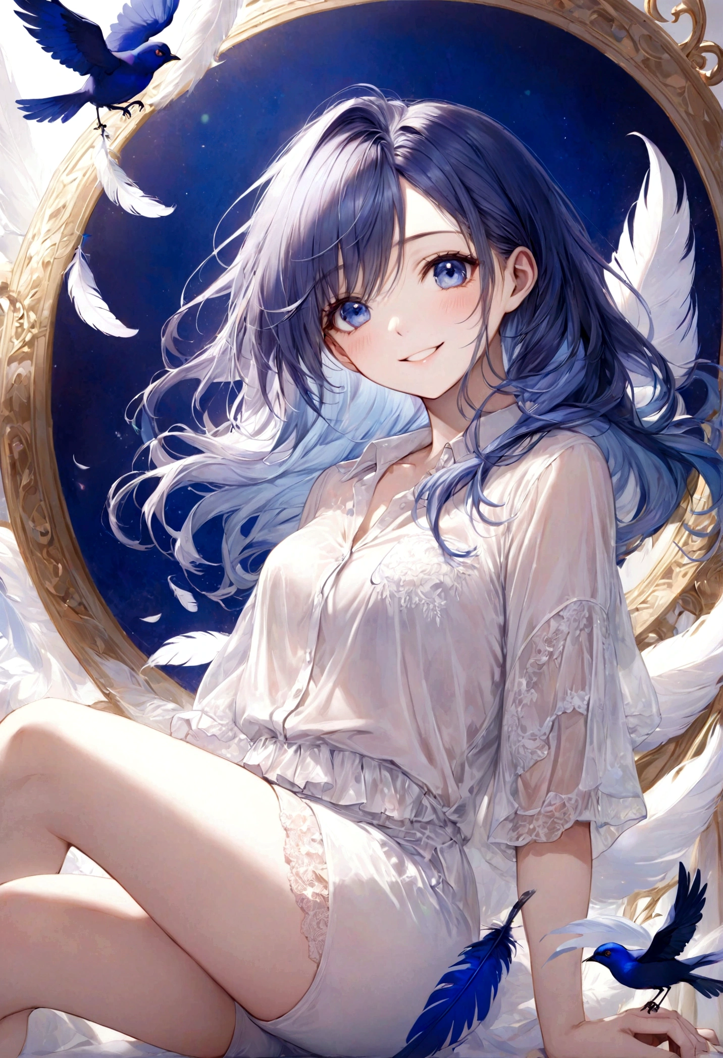 ((top-quality)), ((masterpiece)), ((ultra-detailliert)), (extremely delicate and beautiful), dark purple bird, bird is round, beautiful woman, bright light blue hair, long wavy hair, sapphire blue eyes, wearing sheer white shirt, wearing sheer white shorts, graceful smile, sweet smile, relaxed expression, fair complexion, feathers in the background