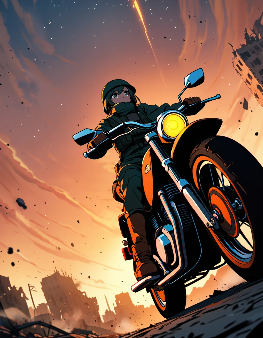 A female soldier riding a motorcycle, Ruined city, battlefield, ruins, Smoke, Orange sky, dust, radiation, Starry Sky, from below, Wide-angle lens, movie lighting, Vague, Ultra wide angle, best quality, 8K