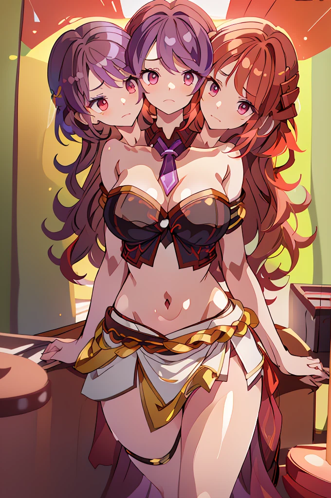 (masterpiece, best quality),best quality, best resolution, (ultra-detailed), (3heads:1.5), 1girl, (raiko horikawa:1.3), masterpiece, best quality, ultra quality, ultra resolution, ultra detail, black top, crop top, ((stomach)), midriff, ((groin)), white skirt, normal ears, shackles, wavy red hair, very long hair, redhead, wavy hair, sidelocks, red eyes, parted lips, open belly, sweat, cute, toned belly, hand on own chest, eyelashes, (25 year old woman:1.3), (masterpiece:1.5), (best quality:1.5), (beautiful detailed), extremely detailed CG, extremely delicate and beautiful, depth of field, (finely detailed face), (perfect details:1.2), (mature female:1.3), wide pelvis, slender, large veiny breast, 16k resolution, highres, very high quality, very high definition, extremely detailed, masterpiece, wavy red hair, long hair, alluring presence, braid, short skirt, close up, big tits, young, purple tie, same hair color, redhead, girl with three heads, same hair color,