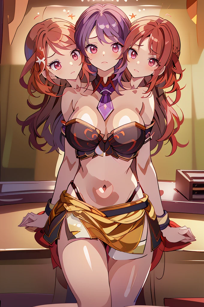 (masterpiece, best quality),best quality, best resolution, (ultra-detailed), (3heads:1.5), 1girl, (raiko horikawa:1.3), masterpiece, best quality, ultra quality, ultra resolution, ultra detail, black top, crop top, ((stomach)), midriff, ((groin)), white skirt, normal ears, shackles, wavy red hair, very long hair, redhead, wavy hair, sidelocks, red eyes, parted lips, open belly, sweat, cute, toned belly, hand on own chest, eyelashes, (25 year old woman:1.3), (masterpiece:1.5), (best quality:1.5), (beautiful detailed), extremely detailed CG, extremely delicate and beautiful, depth of field, (finely detailed face), (perfect details:1.2), (mature female:1.3), wide pelvis, slender, large veiny breast, 16k resolution, highres, very high quality, very high definition, extremely detailed, masterpiece, wavy red hair, long hair, alluring presence, braid, short skirt, close up, big tits, young, purple tie, same hair color, redhead, girl with three heads, same hair color,