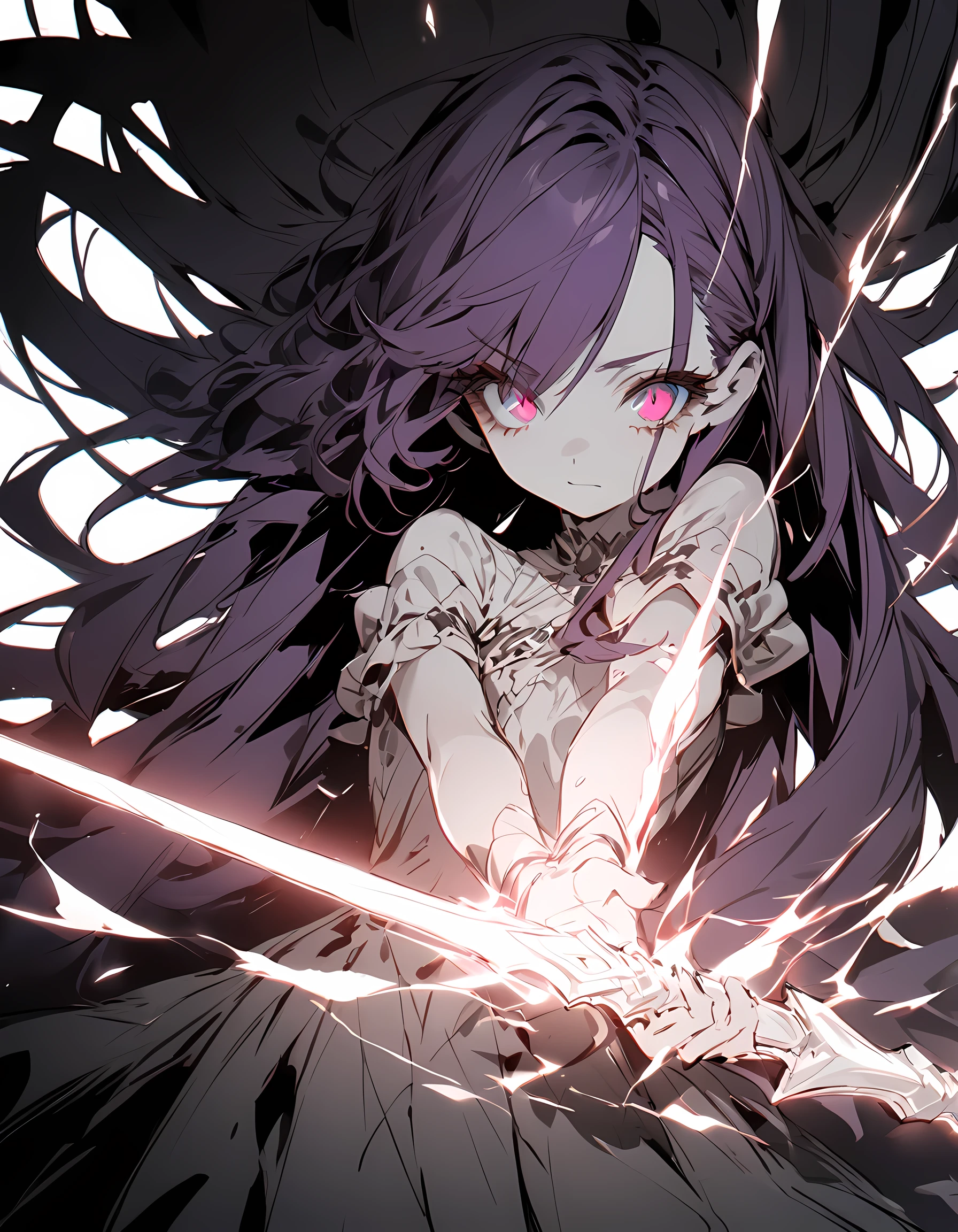 (sketch)A fighting girl holds a sword of light in both hands, 16 years old,Pale red eyes(Droopy eyes:1.2), Princess Dress, Glowing Skin, High Contrast, ((masterpiece, highest quality))Long purple hair(Semi-long hair:1.4)(eye shadow:1.3)(eyelash:1.2)Original Dress (Black background)