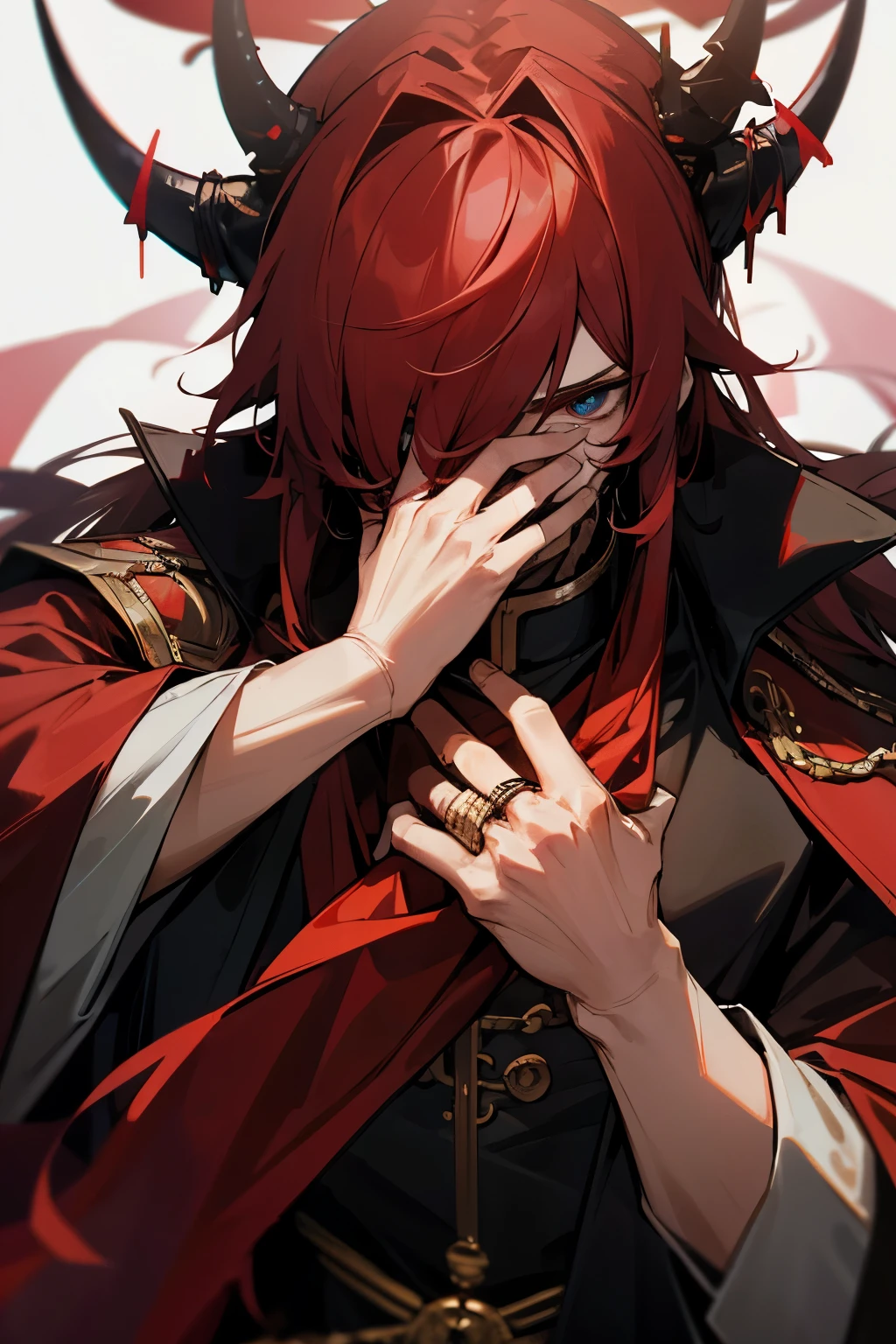 The male demon lord has a cloth covering his face. has a long red crown The coat is very long. Hands wearing many rings