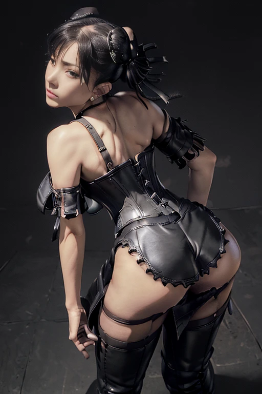 BDSM、(((black leather corset dress:1.4)))、(((The corset dress is decorated with beautiful lace.)))、(((corset dress with shoulder straps)))、(((Tight black leather mini skirt:1.4)))、(((Black Thigh Boots)))、high heel boots、(((black leather bra)))、(((Black leather panties)))、with a girl, Chunli, luster, beautiful thighs, hard nipples, thick eyebrows, smooth ass, average size breasts, sexy, masterpiece,Mekoji,(((leaning forward,stick out your butt))), (penetration: 1.2),action pose,front curtain、blush、(((press your butt against the viewer:1.8)))、Looking back