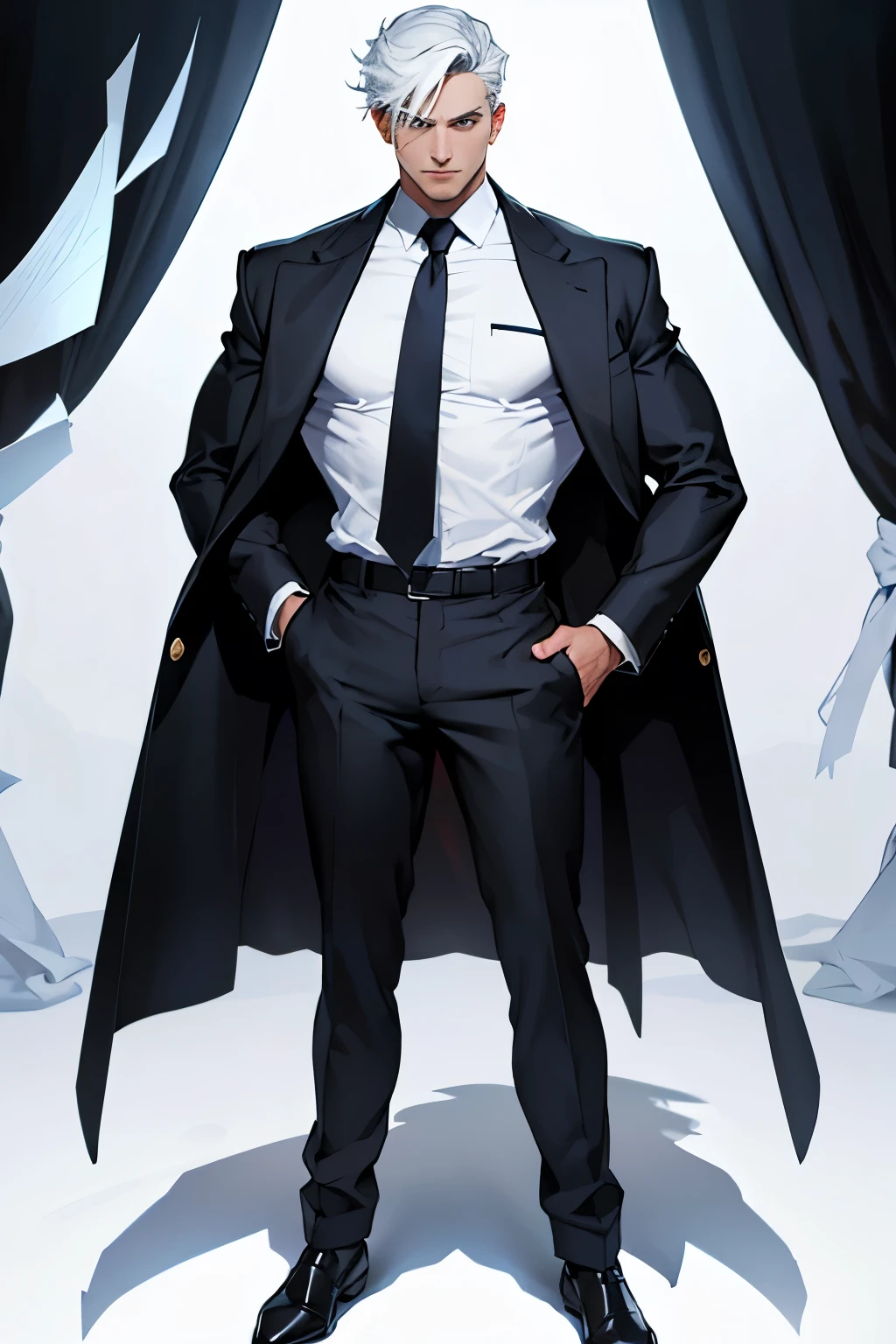 Design a full body detective on a white backdrop, com roupas de detetive, with a magnifying glass in hand, make his face more serious, e com cabelos pretos e olhos castanhos