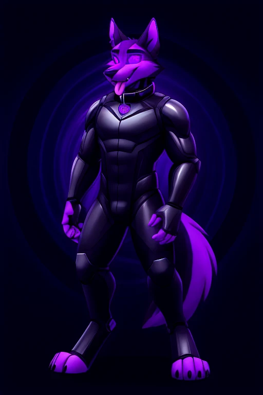 Vortex hellhound standing, tongue out, using a gray latex suit, and a black techno collar, hypnotized with glowing purple eyes without iris or pupils, tongue out, carrying a futuristic weapon, full body image, laboratory background