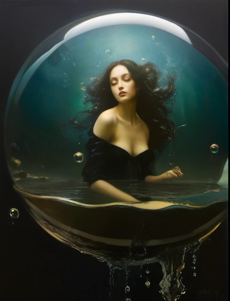 James Gurney, Surrealist art , dream-like, Mysterious, Provocative, symbolic, Complex, detailed,, (Gothic but very beautiful:1.4), (masterpiece, highest quality:1.4) , Nicola Samori Style, Water bubbles、Underwater、Beautiful mermaid in a big bubble
