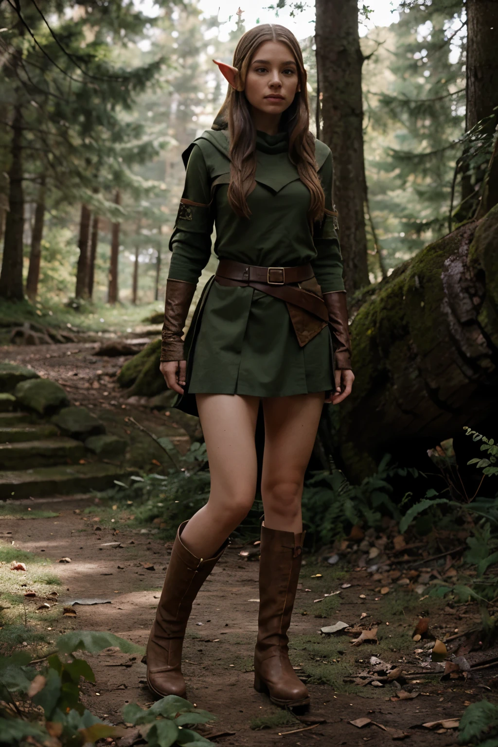 a beautiful elf, hood, skirt, long boots, warrior, forest in the background