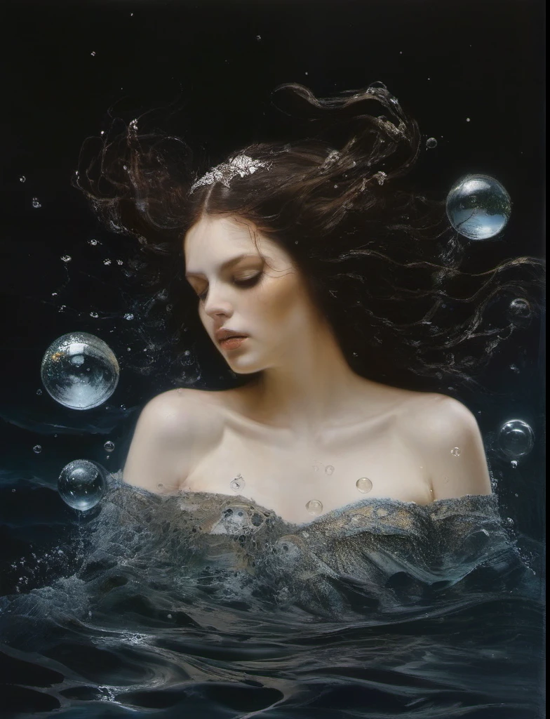 James Gurney, Surrealist art , dream-like, Mysterious, Provocative, symbolic, Complex, detailed,, (Gothic but very beautiful:1.4), (masterpiece, highest quality:1.4) , Nicola Samori Style, siren 、Water bubbles、Wavy Hair