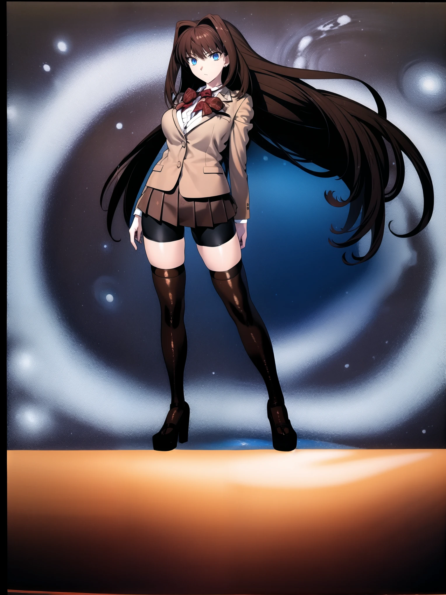 BREAK, centered. BREAK, (EMPTY BACKGROUND), BREAK, (masterpiece), best quality, high resolution, 8k, illustration, (beautiful detailed eyes:1.5), extremely detailed face, extremely detailed body, CG, perfect hands, perfect anatomy, ((1girl)), ((solo)), ((bbaoko)), ((2 legs max)), ((2 feet max:1.5)), ((swirling vortex shaped longest brown hair:1.5)), (brown longest hair with slightly reddish undertone:1.6), (lush luscious longest brown hair:1.6), (very long voluminous longest brown hair:1.5), serious, blue eyes, red bowtie, (Form-fitting beige blazer:1.5), brown jacket, (highly detailed beautiful face:1.2), (white shirt:1), (well shaped large breasts:1.6), (nice hips:1), ((Umber pleated thigh-high skirt:1.6)), (((black bike shorts:1.4))), (toned thighs:1.6), (black kneesocks:1.6), (strap shoes brown color), (facing front:1.5), ((standing straight:1.5)), ((Fullbody in frame:1.6)), ((Full body:1.5)), ((takeuchi takashi:1))