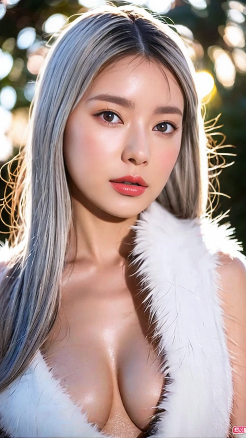 Realistic, 1 female, Gray Hair, Crimson Eyes, Shining Eyes, naked+pubic hair((White fur)), Chapped lips, blush, At night, flower, sun, sunlight,