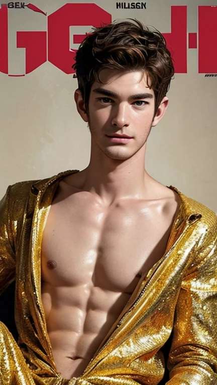 Andrew Garfield, shirtless oily face and hairy body, face full of gold, (Gigolo magazine cover:1.4), best quality, masterpiece, very aesthetic, perfect composition, intricate details, ultra-detailed, hard face, handsome, hot hairy pubic, innocence face