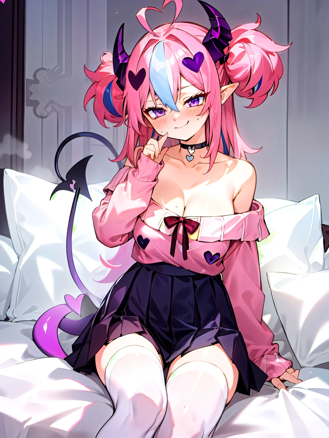 ironmouse, pink hair, streaked hair, two side up, long hair, purple eyes, demon tail, demon horns, choker, heart ahoge, heart hair ornament, off shoulder, long sleeves, pleated skirt, thighhighs, thigh strap, pink sweater, large breasts, cleavage, sitting, smirk, smug, clenched hand, masterpiece, best quality