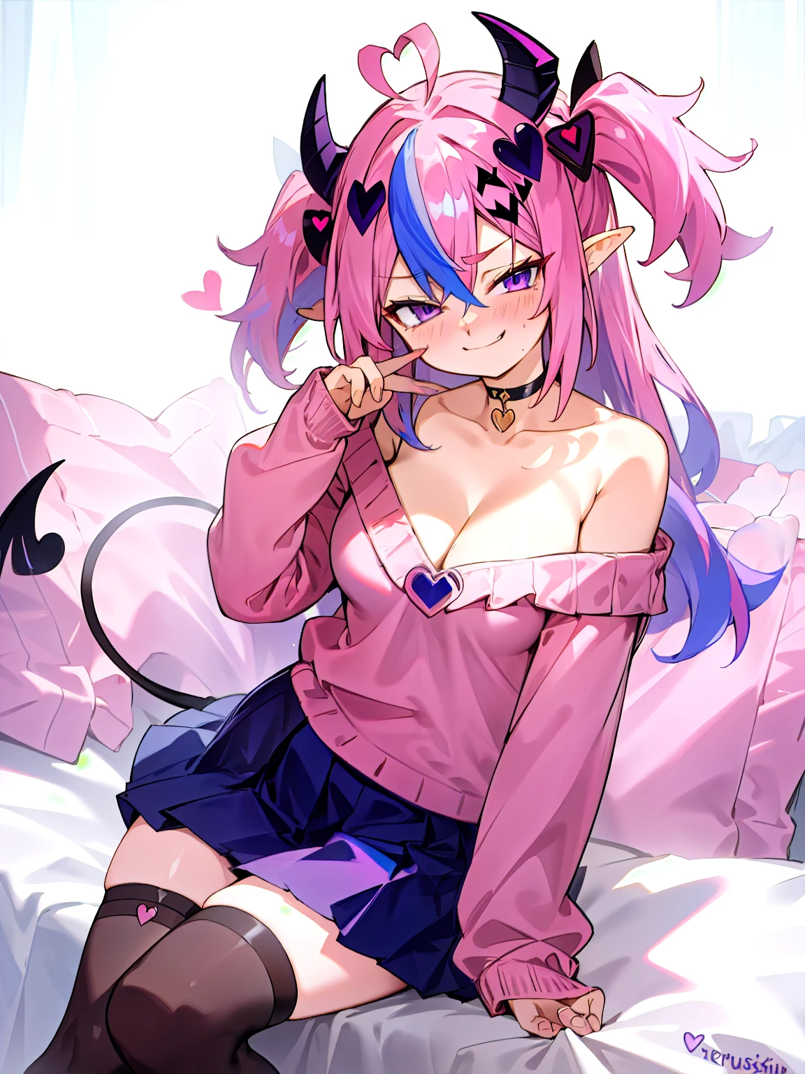 ironmouse, pink hair, streaked hair, two side up, long hair, purple eyes, demon tail, demon horns, choker, heart ahoge, heart hair ornament, off shoulder, long sleeves, pleated skirt, thighhighs, thigh strap, pink sweater, large breasts, cleavage, sitting, smirk, smug, clenched hand, masterpiece, best quality